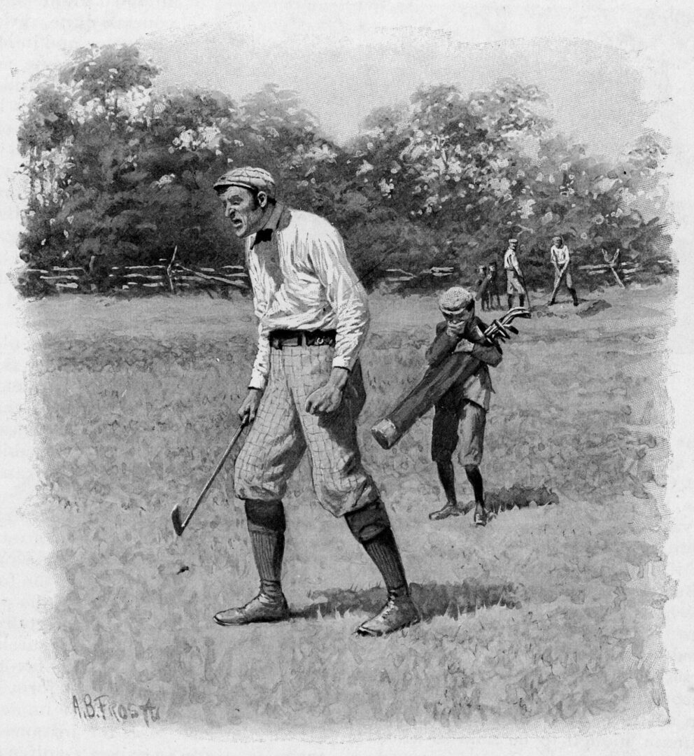 MHMKDY Having made an awful mess of his shot, a golfer vents his anger, much to the amusement of his caddy.      Date: 1897